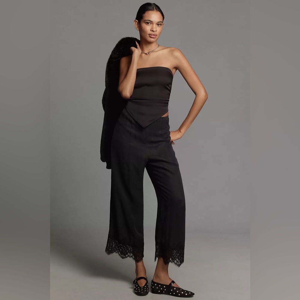 Anthropologie Black Satin Strapless Top and Lace-Hem Pants Set
